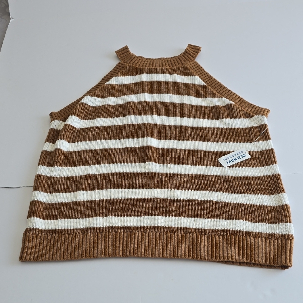 NWT Old Navy Sleeveless Shaker Stitch Cropped Sweater Stripe Brown White SZ XL